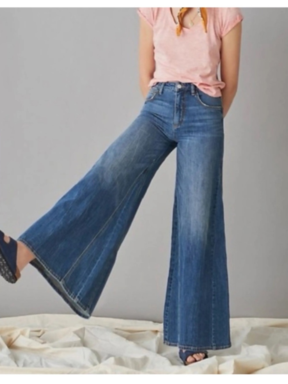 Pilcro Wide-Leg Flared Jeans in Medium Blue